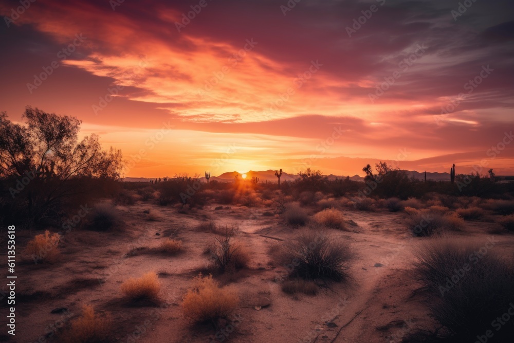 Wall mural desert sunset, with warm reds and pinks against the sky, created with generative ai