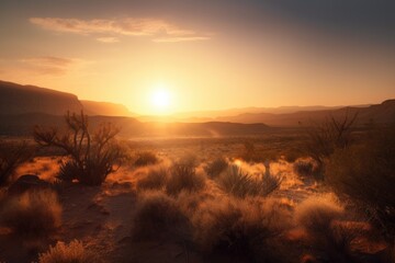 Naklejka premium sunset over desert landscape, with the sun casting a warm glow, created with generative ai