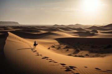 Fototapeta na wymiar desert landscape, with lone figure on camel trek across the sands, created with generative ai