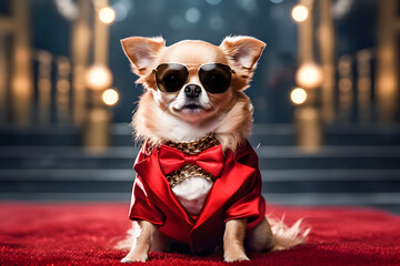 fashion dog with sunglasses and costume on red carpet ai generated art Generative AI - Powered by Adobe