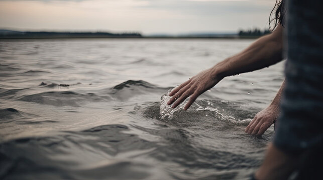close up of hands streaking the water. vacation recreation concept. Generative AI