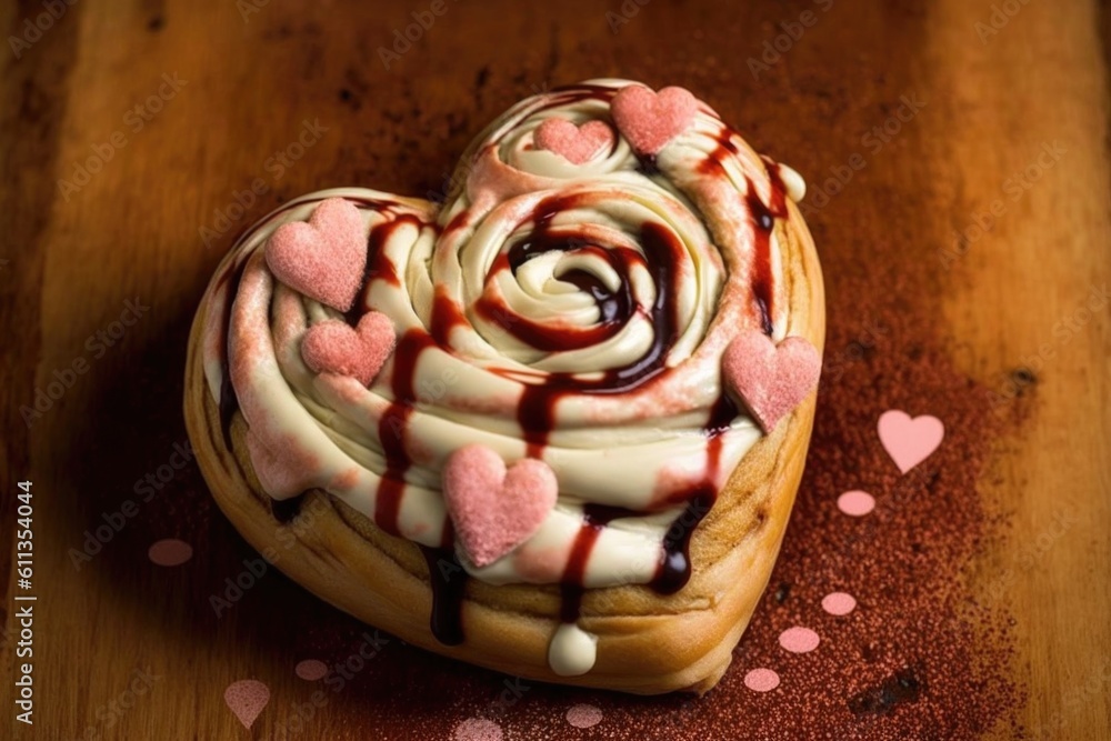 Poster heart-shaped cinnamon roll with drizzled icing & heart sprinkle atop, created with generative ai