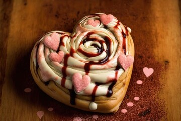 Fototapeta premium heart-shaped cinnamon roll with drizzled icing & heart sprinkle atop, created with generative ai