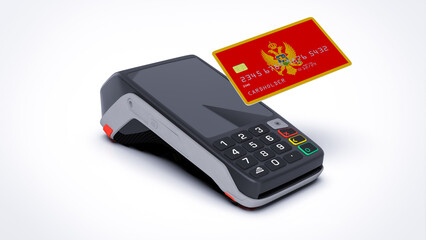 Montenegro country national flag on credit bank card with POS point of sale terminal payment isolated on white background with empty space 3d rendering image realistic mockup
