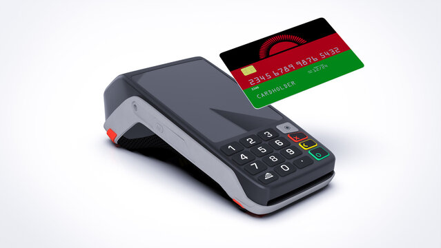 Malawi country national flag on credit bank card with POS point of sale terminal payment isolated on white background with empty space 3d rendering image realistic mockup