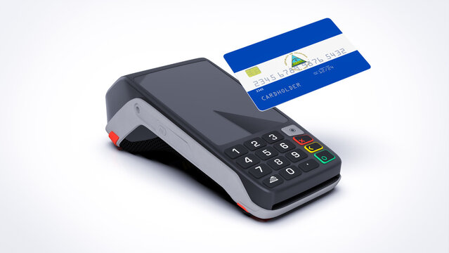 Nicaragua country national flag on credit bank card with POS point of sale terminal payment isolated on white background with empty space 3d rendering image realistic mockup
