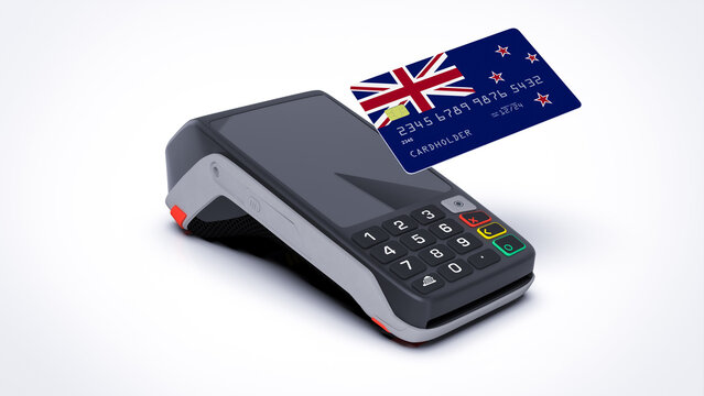 New Zealand country national flag on credit bank card with POS point of sale terminal payment isolated on white background with empty space 3d rendering image realistic mockup