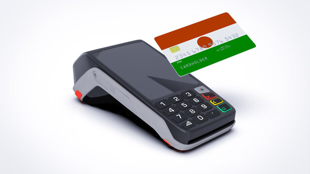 Niger country national flag on credit bank card with POS point of sale terminal payment isolated on white background with empty space 3d rendering image realistic mockup