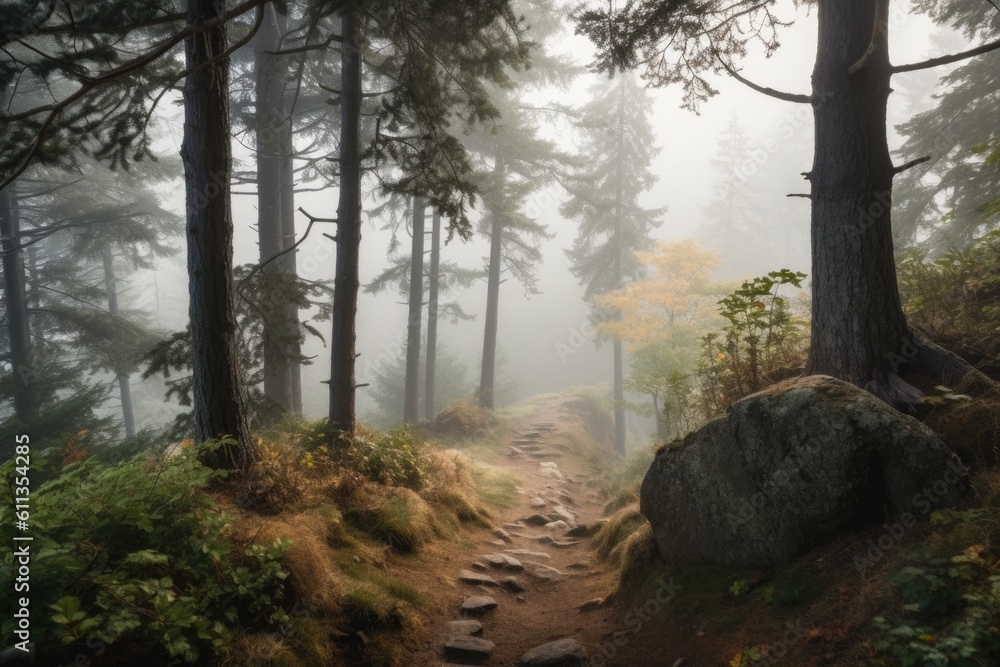 Poster hiking trail with beautiful views of a misty forest, created with generative ai