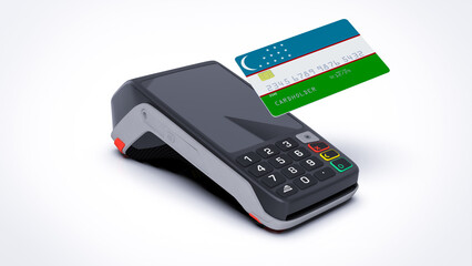 Uzbekistan country national flag on credit bank card with POS point of sale terminal payment isolated on white background with empty space 3d rendering image realistic mockup