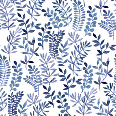 watercolor seamless pattern with abstract blue leaves, greenery on white background