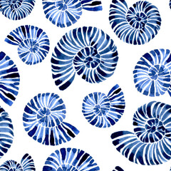 watercolor seamless pattern on a marine theme. bluer sea shells on a white background. abstract print