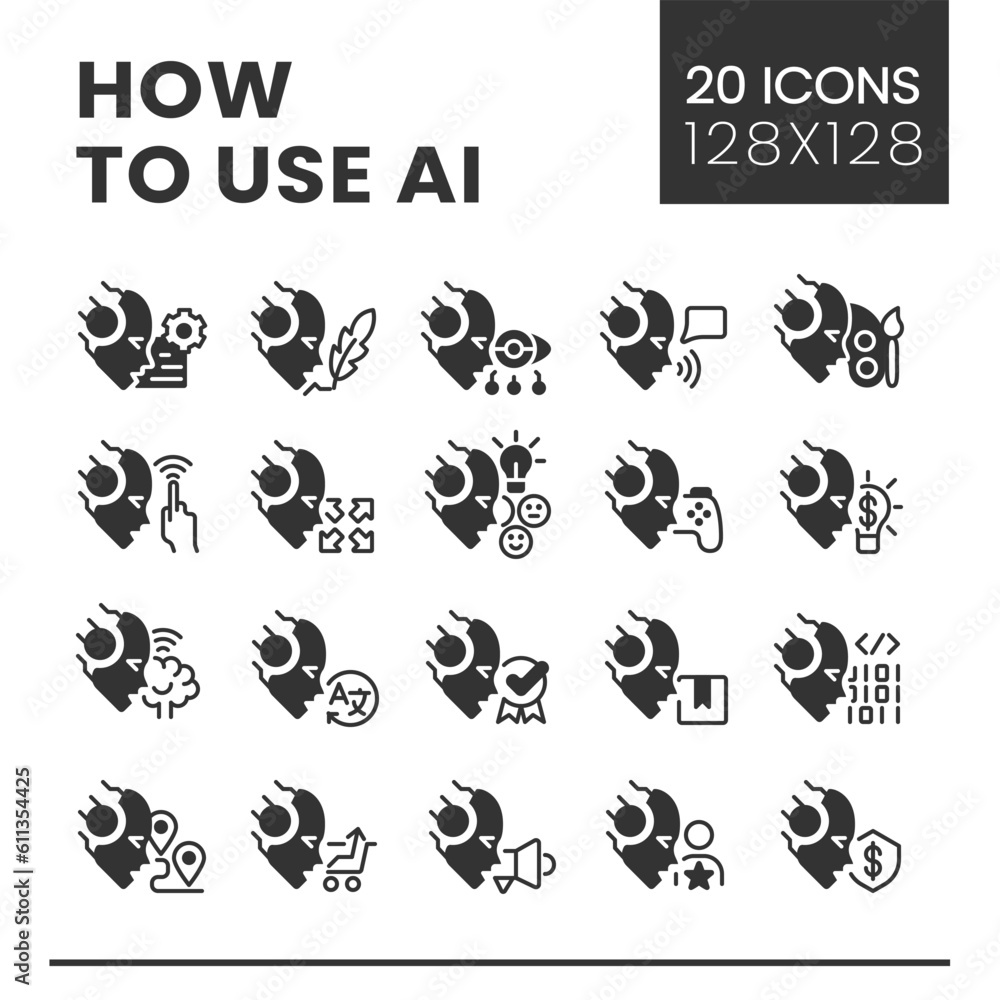 Aufkleber how to use ai big black linear glyph icons set. artificial intelligence in daily life. automation te