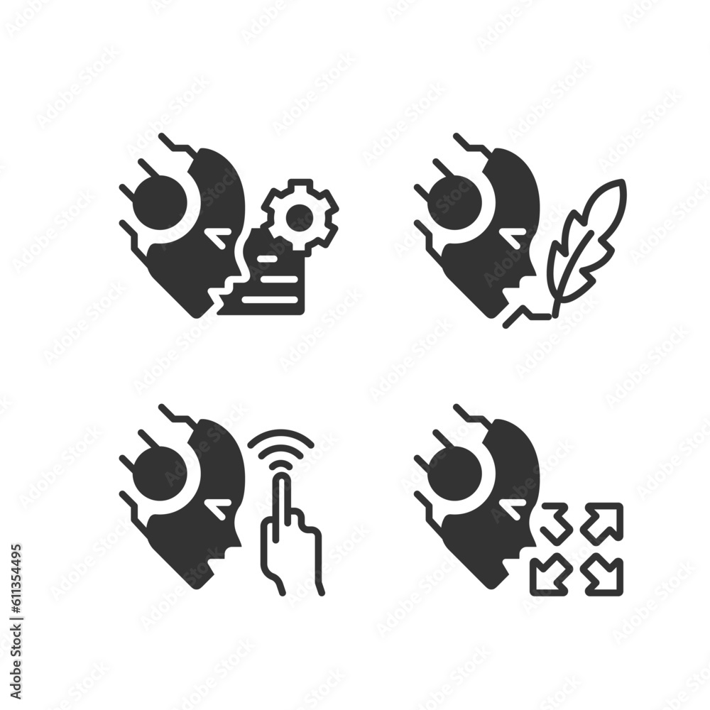Poster artificial intelligence capabilities black linear glyph icons set. machine learning. business opport