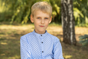 Portrait of a little boy in a blue shirt posing in a summer park
