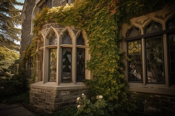 stone exterior with stained glass window and ivy, created with generative ai