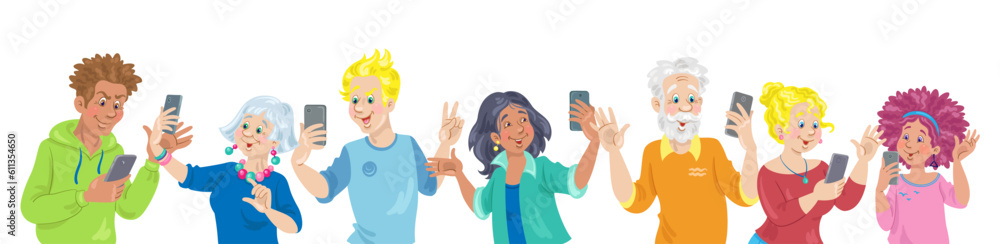 Sticker Group of people of different ages and nationalities with smartphones in their hands. They take selfies, talk, use the Internet. Banner in cartoon style. Isolated on white. Vector illustration