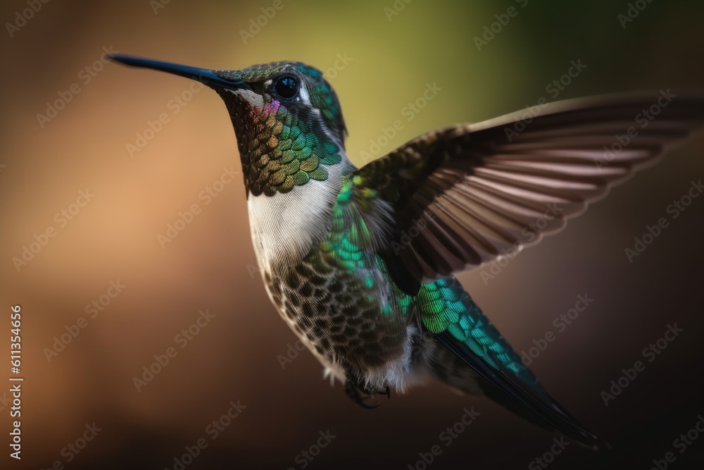 Poster hummingbird, fluttering its wings, in close-up shot, created with generative ai