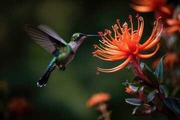 Obraz na płótnie Canvas hummingbird hovering over exotic flower, created with generative ai