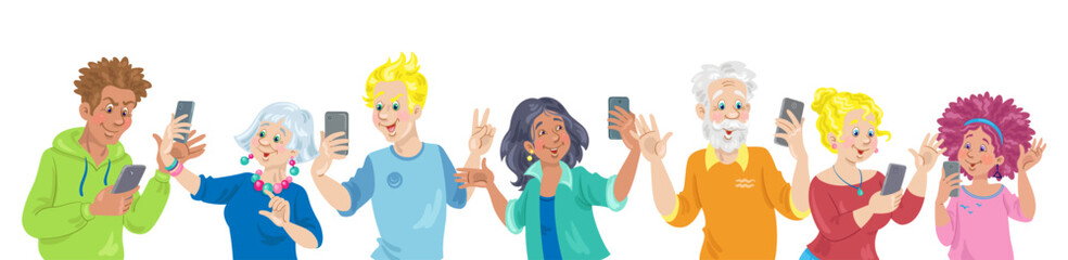 Group of people of different ages and nationalities with smartphones in their hands. They take selfies, talk, use the Internet. Banner in cartoon style. Isolated on white. Vector illustration