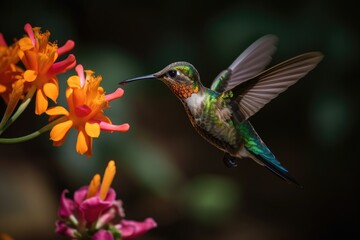 Naklejka premium hummingbird hovering while feeding from colorful flower, created with generative ai