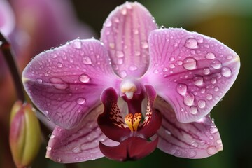 close-up of delicate orchid, with droplets from morning dew still on the petals, created with generative ai