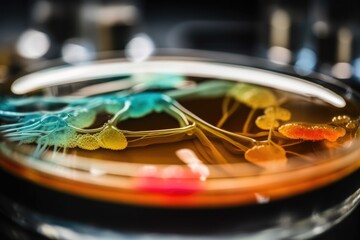Obraz premium petri dish with microbe growing on agar plate in science lab, created with generative ai
