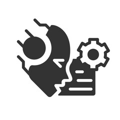 AI reads and summarize black linear glyph icon. Artificial intelligence. Machine learning. Automatic text summary. Negative space silhouette symbol. Solid pictogram. Vector isolated illustration