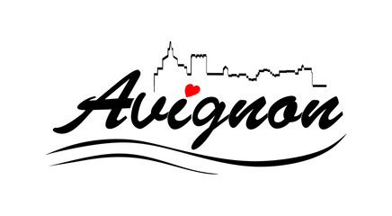 Hand written text Avignon with heart. European city Avignon is located on the left bank of the Rhone River in southeastern France. Typographic design isolated on white background. Vector