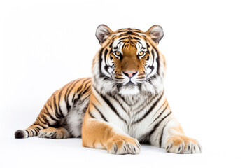 Fototapeta na wymiar portrait of tiger front view sitting isolated on white