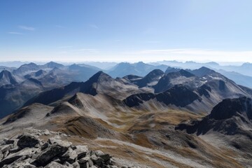 panoramic view of majestic alpine range, with distant snowy peaks visible, created with generative ai