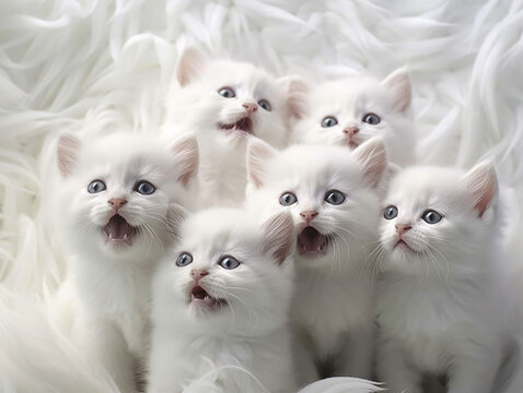 squadra di amici a quattro zampe, gruppo di cuccioli bianchi di gatto , in riga in posa, atmosfera dolce concetto di amicizia, creato con intelligenza artificiale 
