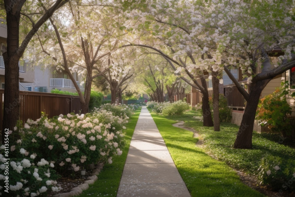 Poster walkway dotted with blooming flowers and shady trees in residential neighborhood, created with generative ai