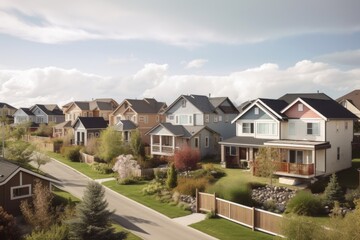 residential neighborhood with houses of varying shapes and sizes, set against a sunny sky, created with generative ai