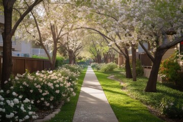 walkway dotted with blooming flowers and shady trees in residential neighborhood, created with generative ai