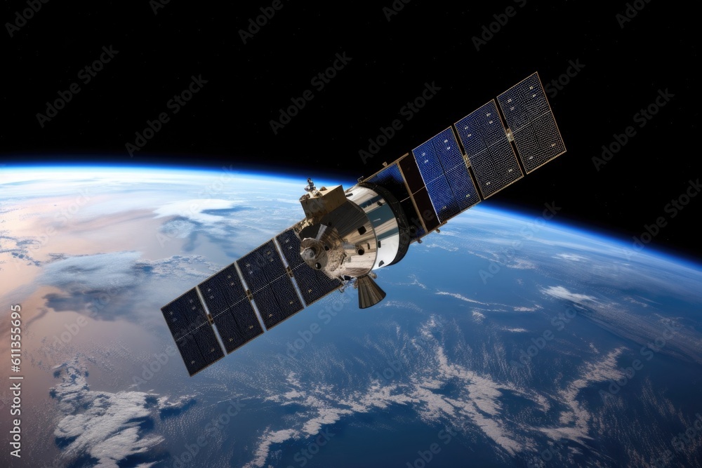 Wall mural satellite in space, with the earth visible in the background, created with generative ai