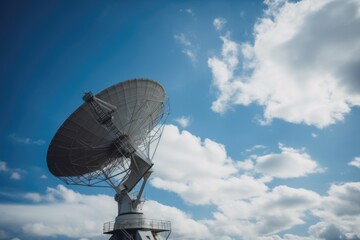 close-up of satellite dish, with the blue sky and clouds visible in the background, created with generative ai