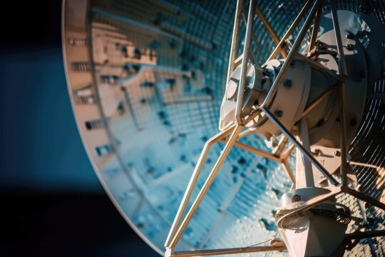 close-up of satellite dish, transmitting data and images from space, created with generative ai
