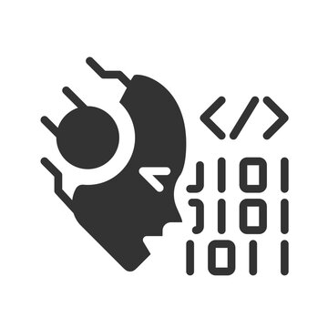 AI codes black linear glyph icon. Programmers help. Machine learning algorithm. Software technique. Generation tool. Negative space silhouette symbol. Solid pictogram. Vector isolated illustration