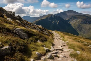 Obraz premium rocky path winding up the side of majestic mountain range, with view of distant peaks, created with generative ai