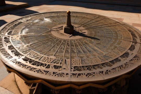 shimmering sundial, with its intricate patterns and design visible in the light, created with generative ai