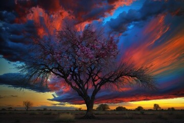 Obraz na płótnie Canvas blossoming tree in the sunset, with colorful sky and clouds, created with generative ai