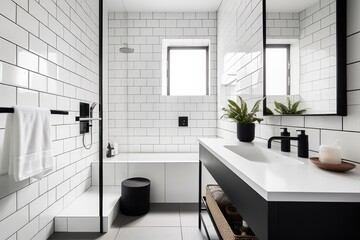 Fototapeta na wymiar decluttered bathroom with white tiles, sleek fixtures, and minimalist decor, created with generative ai
