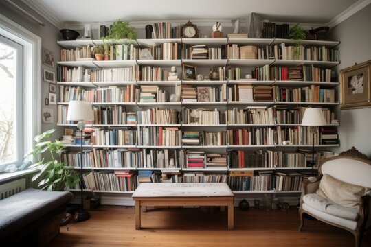 tidily arranged bookshelves in a beautiful room, created with generative ai