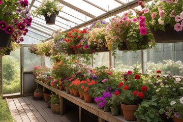 Fototapeta na wymiar greenhouse with hanging baskets of blooming flowers, created with generative ai