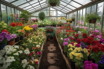greenhouse filled with beautiful and colorful flowers, created with generative ai