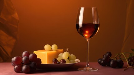 Glass of wine with cheese and grapes near-by