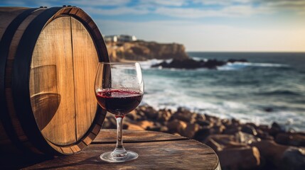 Glass of wine on barrel near sea
