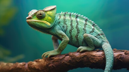 Obraz premium A green colored chameleon in nature. Generative Ai