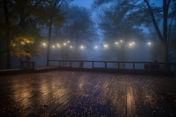 nighttime view of outdoor dance floor with twinkling lights and fog, created with generative ai